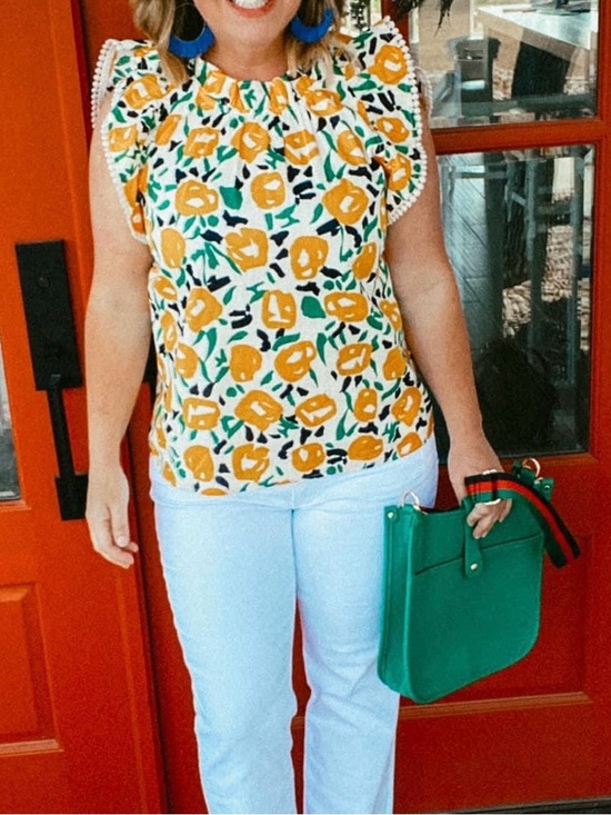 THML Tops - THML White Floral Print Cap-Sleeve Blouse with Yellow Flowers